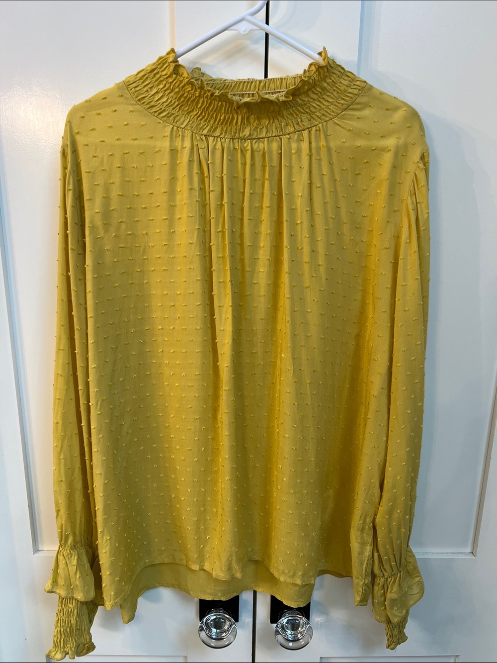 Smocked Neck Mustard Yellow Swiss Dot Blouse